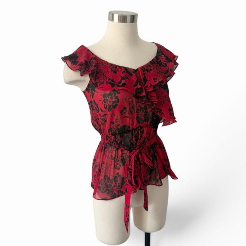 Express Red Black Wrap Blouse Floral Gothic Y2K Top XS Tie Business Career